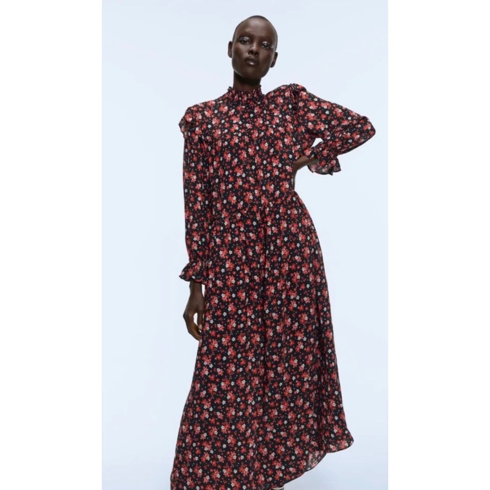 ZARA BLACK/RED LONG FLORAL PRINT FLOWING HIGH NECK DRESS SIZE XS A15‎